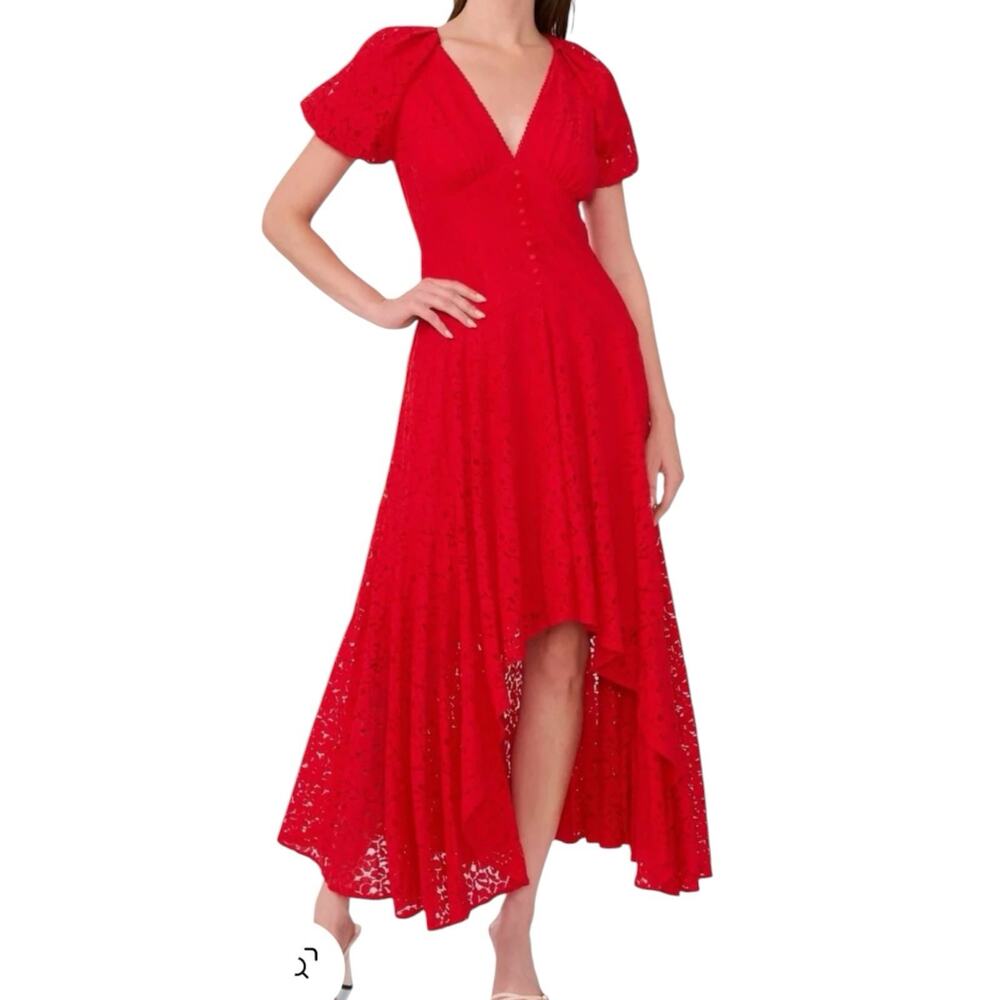 NWT Parker Red Floral Lace High Low Button Front Midi Dress Women’s Size 8